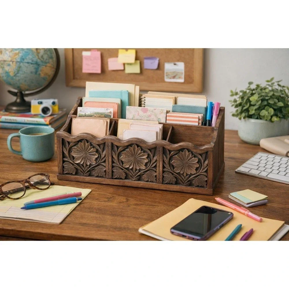 Vintage LERNER Carved Faux Wood Letter Holder Mail Organizer Desk Floral